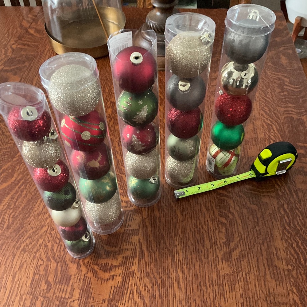 20, 2” shatterproof ornaments and 5, 1.5” ornaments
